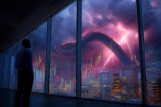 A colossal serpent emerges from a stormy sky above a city skyline during a stock market crash.