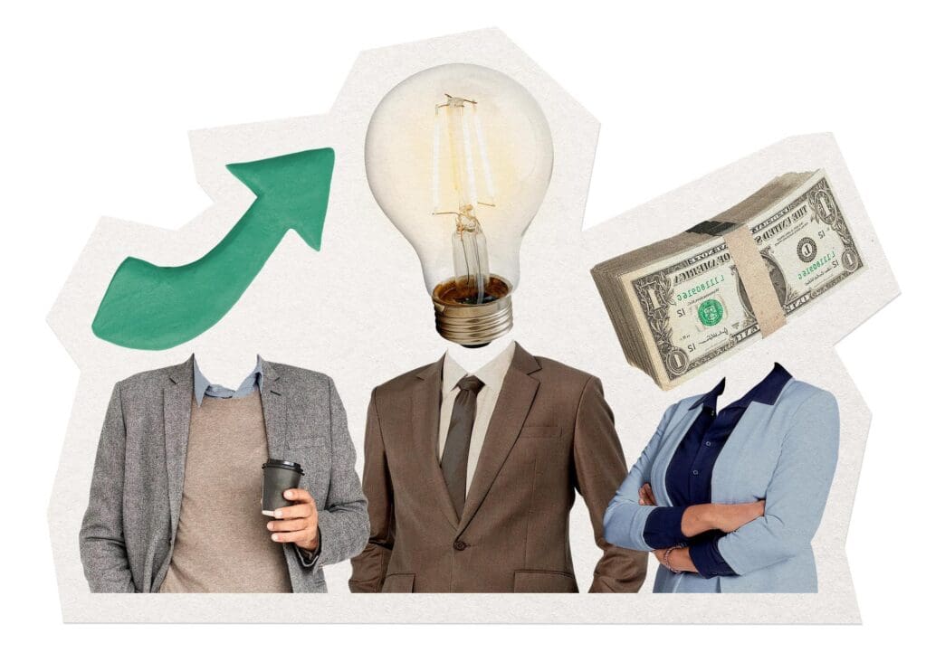 A team of cartoon figures celebrate around a rising bar graph, symbolizing business profit growth.