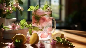 A refreshing glass of infused water with strawberries and mint leaves.