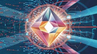 Abstract illustration of interconnected lines and nodes representing a global network, big data, and cybersecurity.