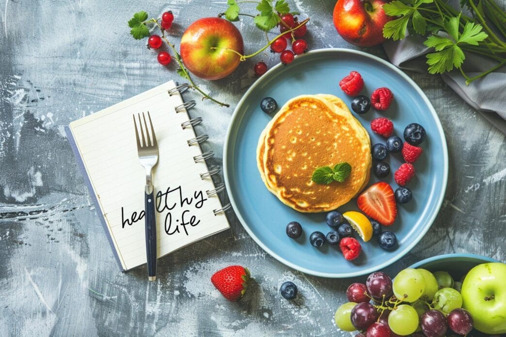 A notebook displays the text "A Healthy Life" on its cover.