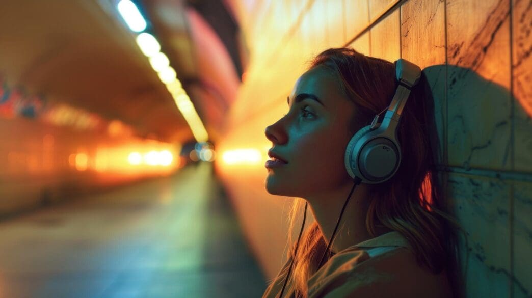A woman wearing headphones leans against a brightly lit wall in an underground tunnel.