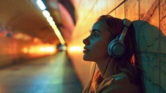 A woman wearing headphones leans against a brightly lit wall in an underground tunnel.