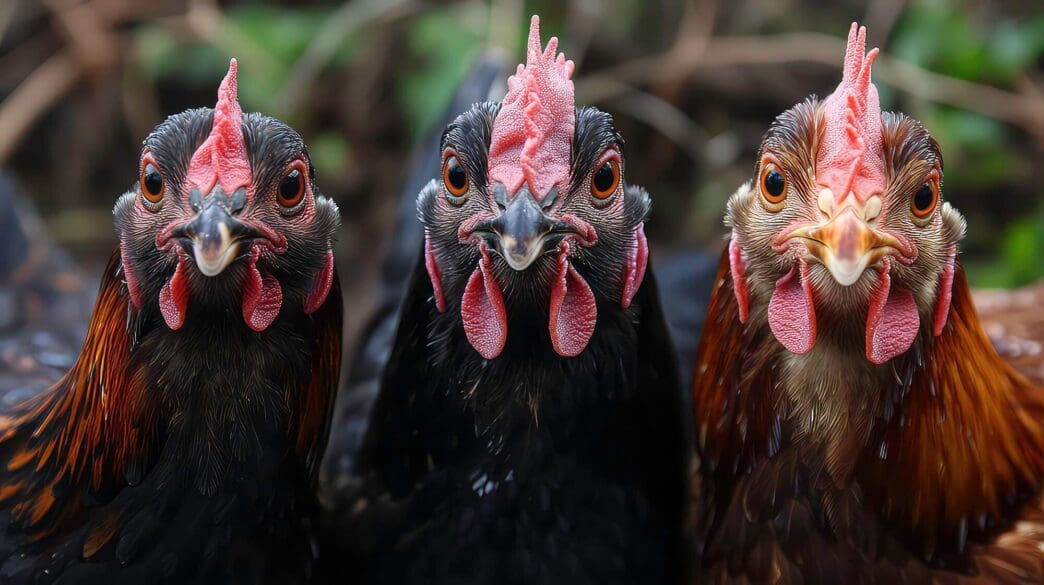Three chickens with red combs and varying dark brown and black feathers stare directly at the camera.