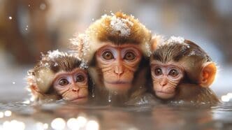 Three baby monkeys, with curious expressions, bathe in a steaming hot spring.