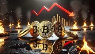 Illustration of three golden Bitcoin symbols with red lines descending downwards, representing a price drop.