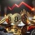 Illustration of three golden Bitcoin symbols with red lines descending downwards, representing a price drop.