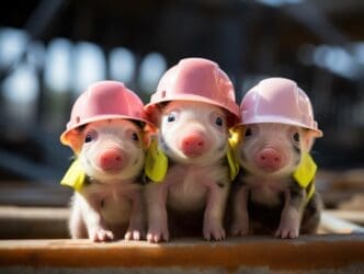 Three cartoon pigs in hard hats sit on a wooden rail, generated by artificial intelligence.