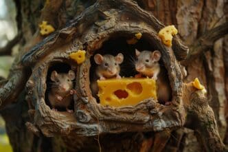 Three mice in a tree house made of wood, with a large piece of cheese on a table.