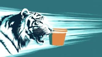 A cartoon tiger chases a steaming cup of coffee.
