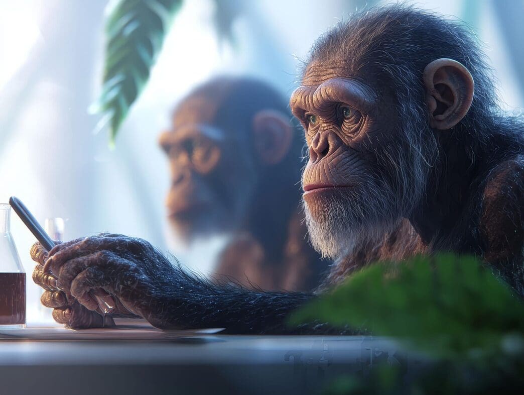 A timeline of human evolution is displayed in a research lab, with scientists examining genetic data.