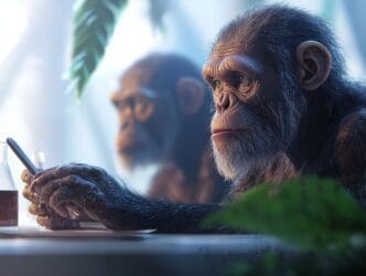 A timeline of human evolution is displayed in a research lab, with scientists examining genetic data.