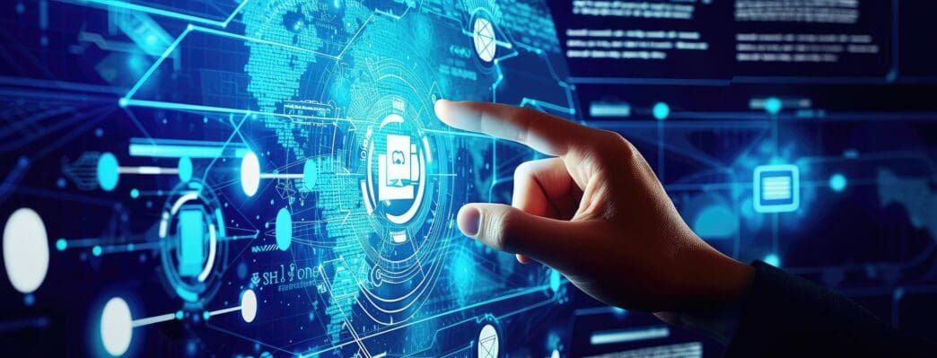 A person's hand interacts with a holographic projection of digital interfaces.