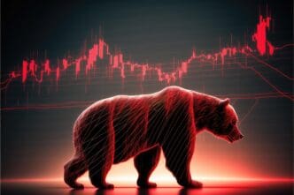 An illustration depicts a downward-trending line graph representing a bearish forex market, accompanied by text emphasizing tips and strategies for success with generative AI.