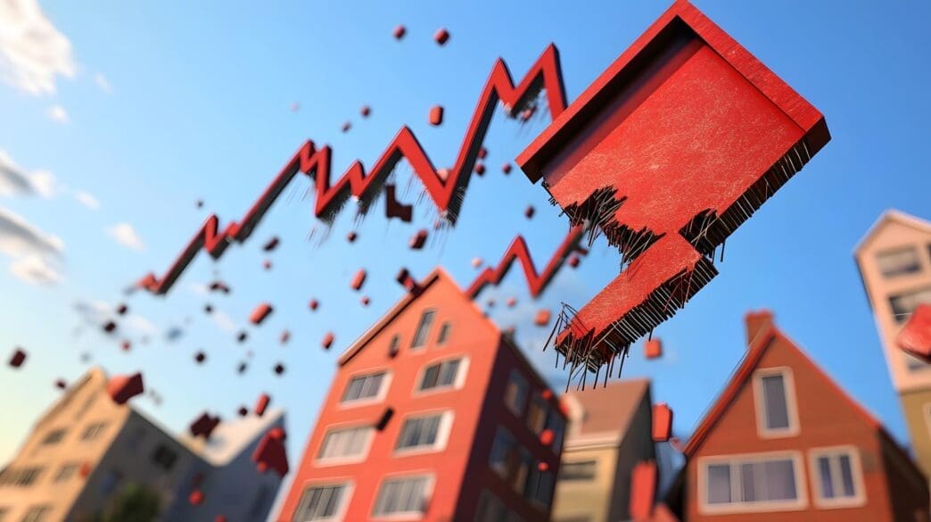 A downward-sloping graph depicts falling house prices with a sign indicating declining interest rates, illustrating the impact on real estate.