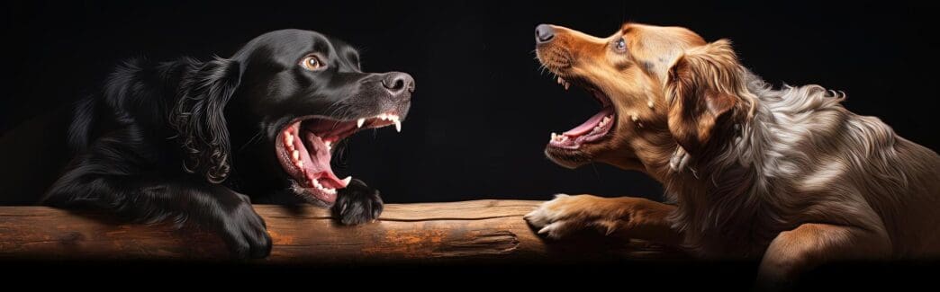 Two dogs, rendered in a minimalist style, are positioned against a plain background, one with its mouth open.