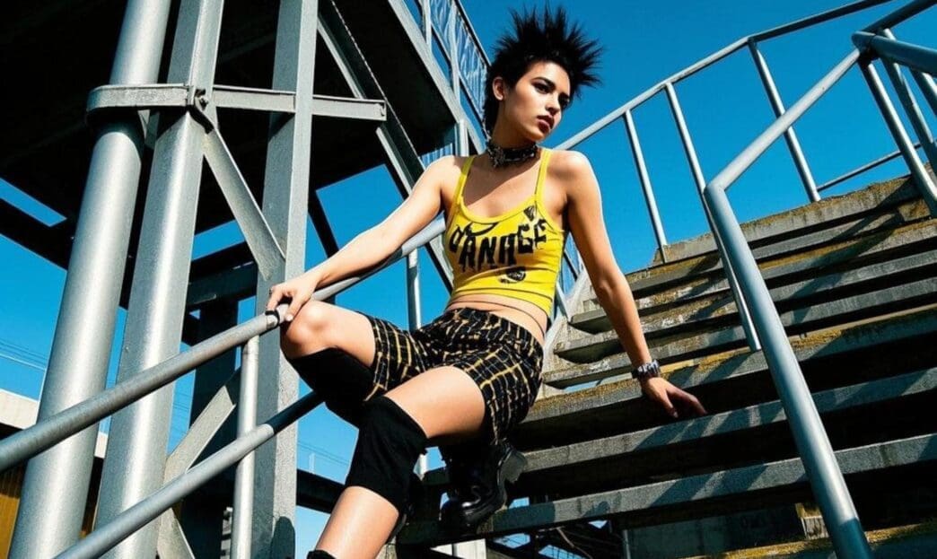 A person with a brightly colored mohawk and ripped clothing stands in an urban environment, embodying punk fashion.