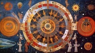 A digital illustration depicts the Trimurti, the Hindu trinity of gods, creating the universe from the center of a galaxy.