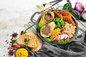 Overhead view of a black bowl filled with a colorful vegan meal of quinoa, avocado, pumpkin, beans, and corn.