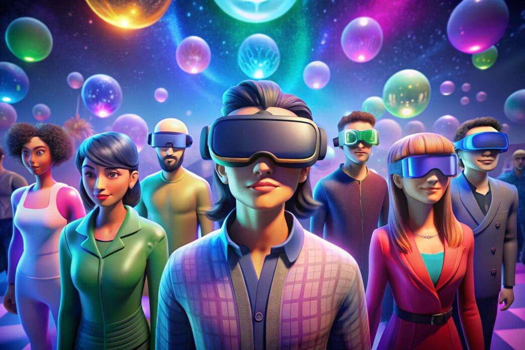 A group of diverse avatars explore a colorful, blocky landscape in the Sandbox metaverse.