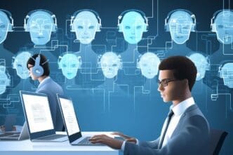 A futuristic illustration depicts a virtual assistant concept with AI-powered chatbots and voice recognition features.