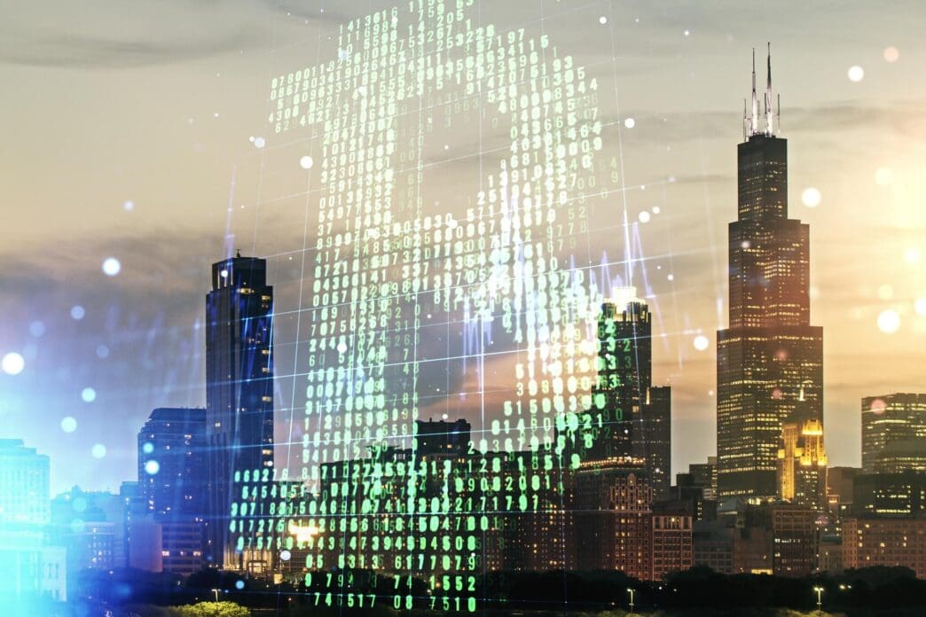Double exposure of a virtual Bitcoin sketch overlaid on a Chicago cityscape.