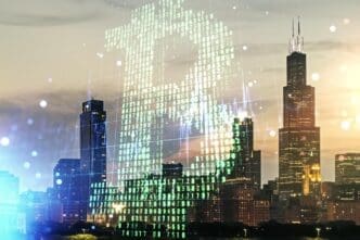 Double exposure of a virtual Bitcoin sketch overlaid on a Chicago cityscape.