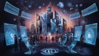 Conceptual image of a futuristic, mixed-media composition representing virtual cryptocurrency.