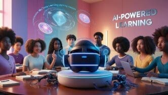 A person wearing a VR headset interacts with an AI-powered interface, showcasing artificial intelligence and machine learning technology.