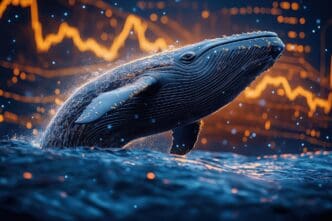 A whale breaches out of the water above a chart depicting the rise and fall of cryptocurrency values.