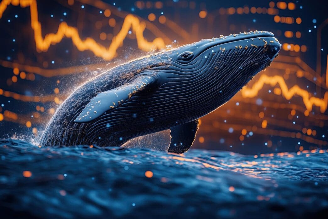 A whale breaches from the ocean over a chart depicting cryptocurrency values.