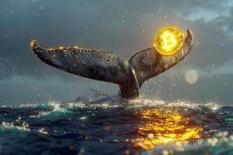 A whale with a large yellow "B" on its head swims in the water.