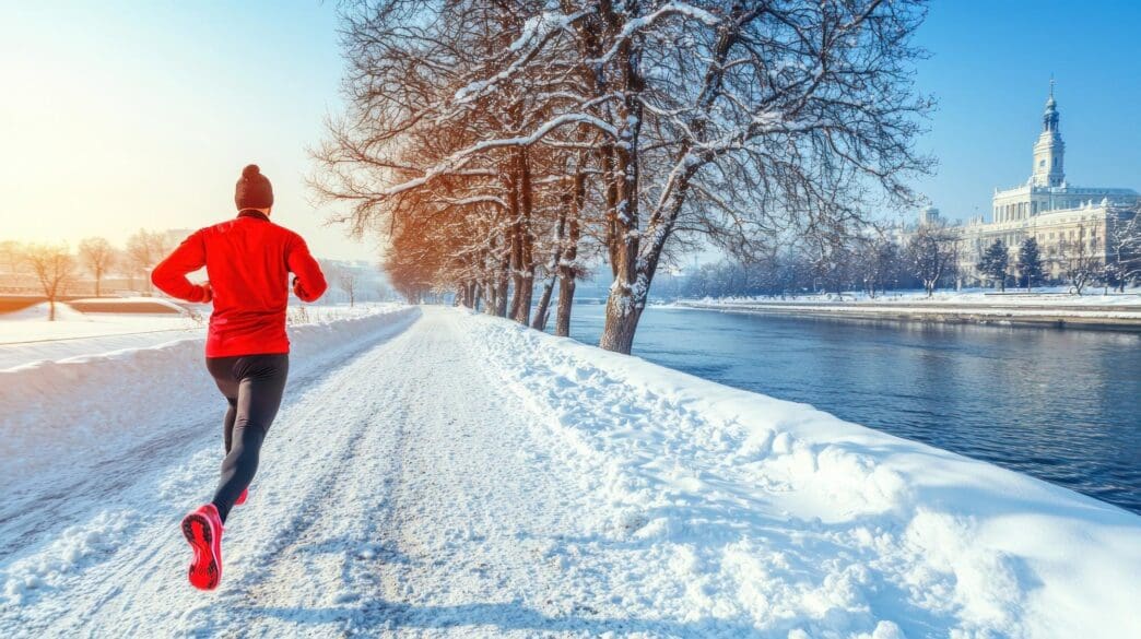 A person runs along a snowy path beside a frozen river in winter.