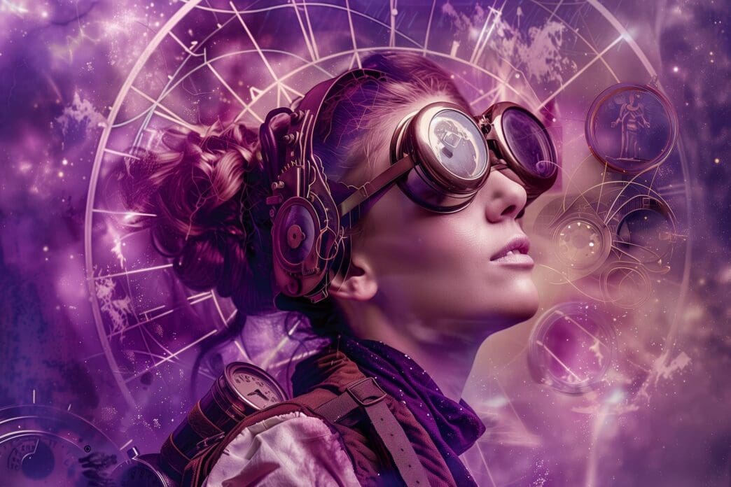A woman adventurer stands in front of a purple background, suggesting time travel capabilities.