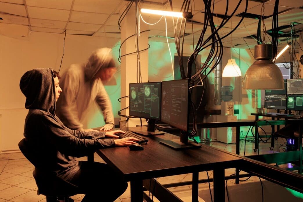 A woman in a dimly lit room types at a computer, likely developing malware or hacking into a network.