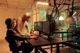A woman in a dimly lit room types at a computer, likely developing malware or hacking into a network.
