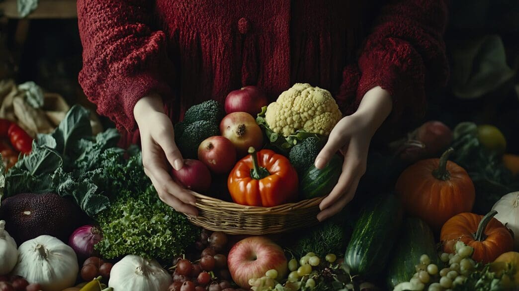 A woman holds a woven basket overflowing with colorful fruits and vegetables.