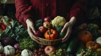 A woman holds a woven basket overflowing with colorful fruits and vegetables.