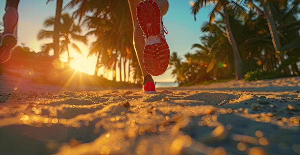 A woman runs joyfully along a sandy beach at sunset.