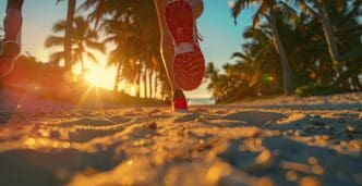 A woman runs joyfully along a sandy beach at sunset.