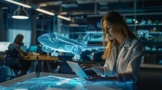 A woman in a lab coat uses a tablet to interact with a projected holographic image of an airplane.
