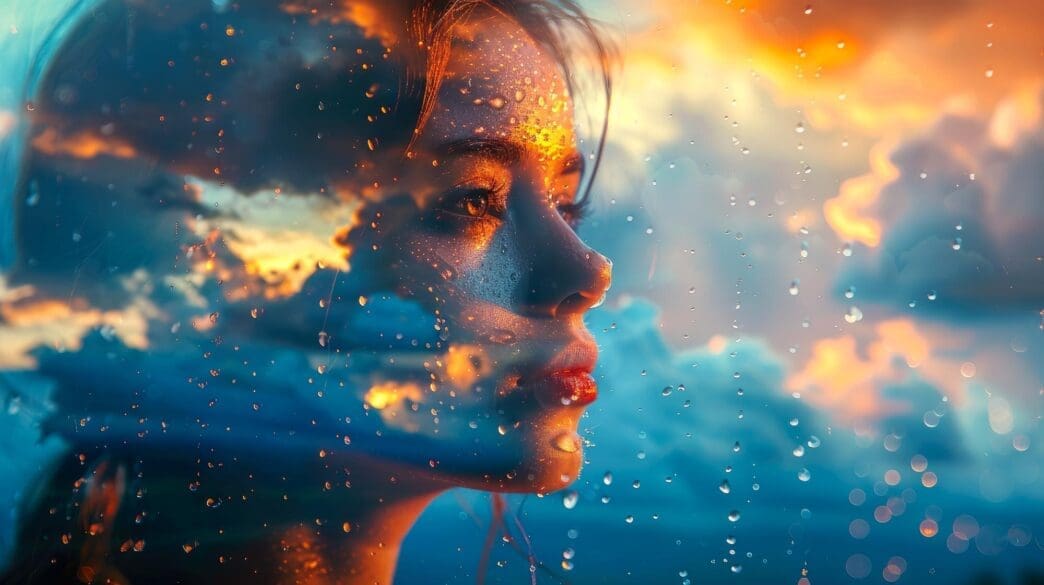 A woman stands outdoors with a blurred, ethereal background.