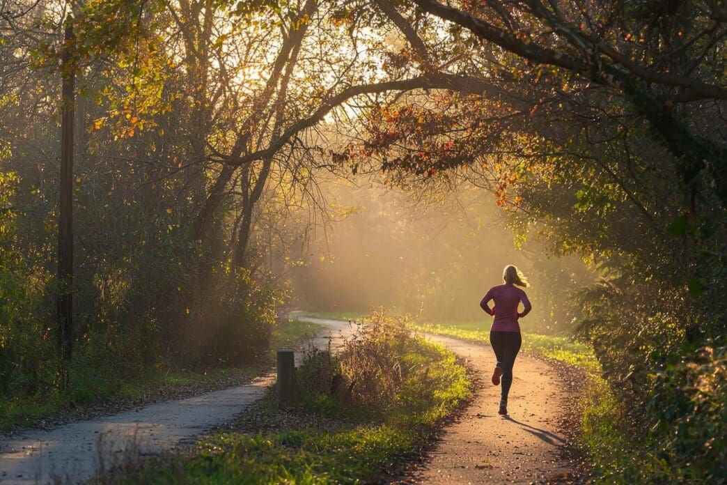 Woman running on a trail through a forest, with the sun rising in the background.