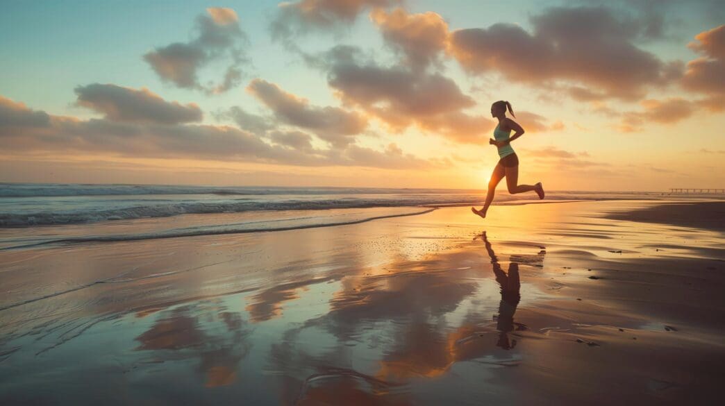 A woman runs along a sandy beach at sunset, her silhouette reflected in the wet sand.