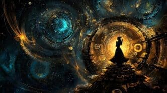A woman stands at the edge of a golden portal in an abstract cosmic landscape.
