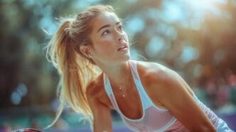 A woman tennis player is isolated on a white background.