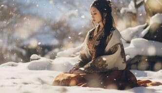A woman in a traditional Chinese costume sits in the snow.