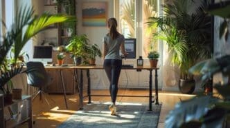 A woman works at a standing desk in a bright home office filled with plants.