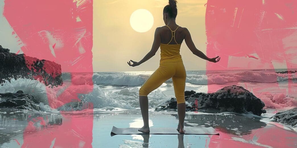 Woman in a yoga pose, silhouetted against a vibrant sunset over the ocean.