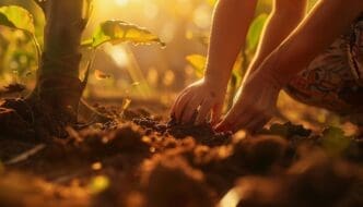 A woman's hand gently touches the dark soil in a lush corn field.